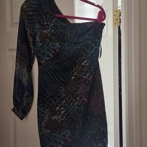 bebe One-Shoulder Black Dress with Blue and Purple Print